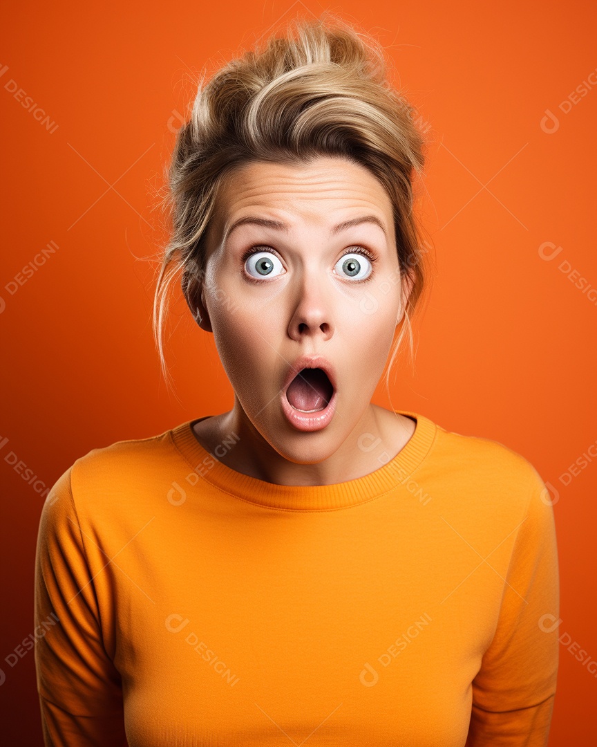 Uma mulher branca fazendo uma expressão chocada em um fundo colorido