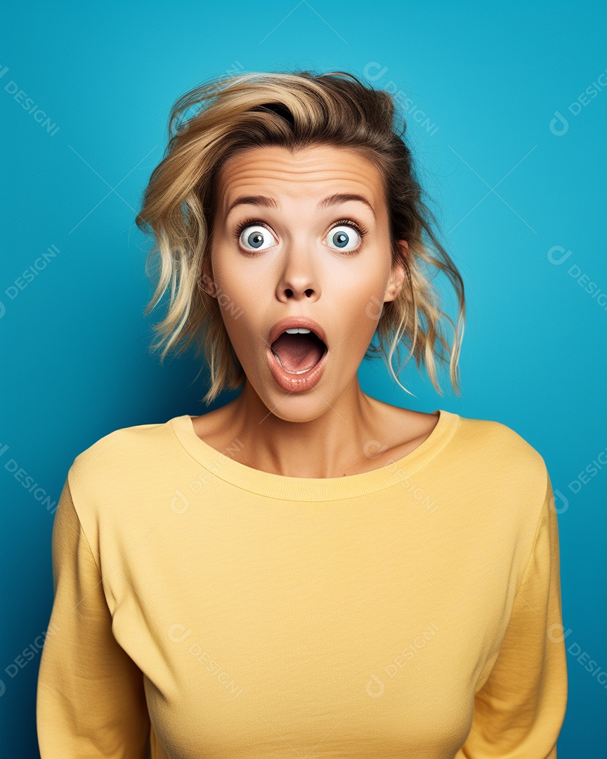 Uma mulher branca fazendo uma expressão chocada em um fundo colorido