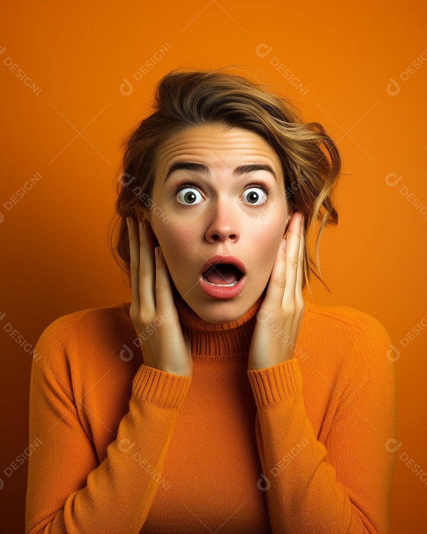 Uma mulher branca fazendo uma expressão chocada em um fundo bronzeado