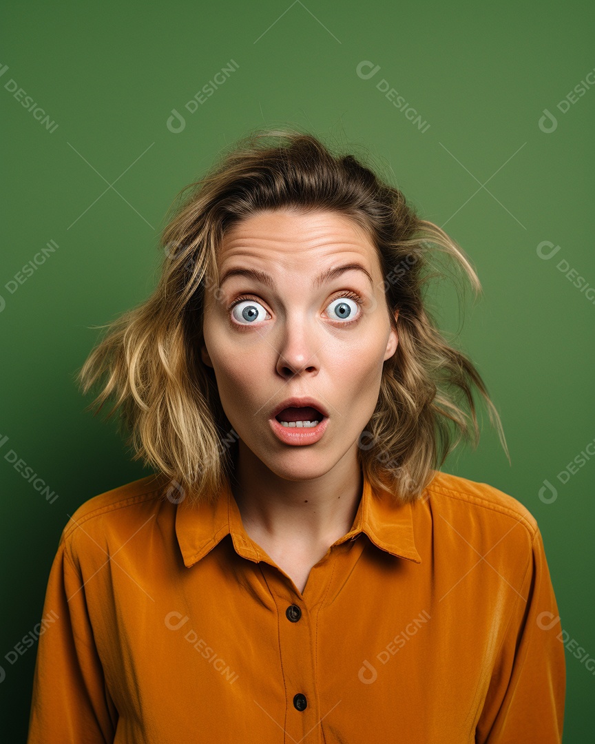 Uma mulher branca fazendo uma expressão chocada em um fundo bronzeado