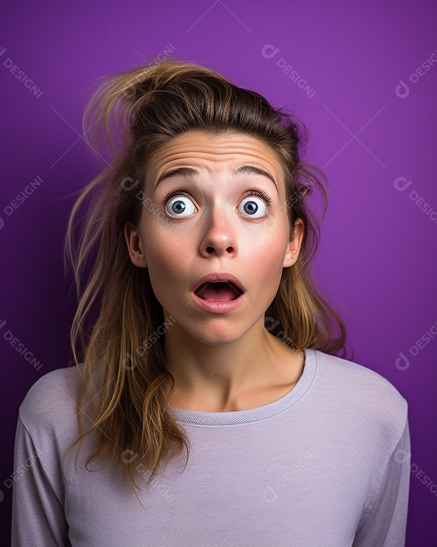 Uma mulher branca fazendo uma expressão chocada em um fundo bronzeado