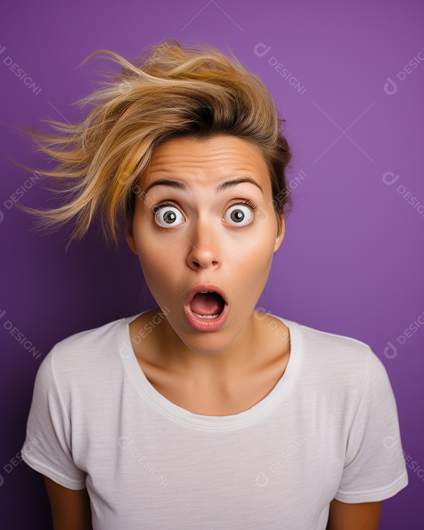 Uma mulher branca fazendo uma expressão chocada em um fundo bronzeado