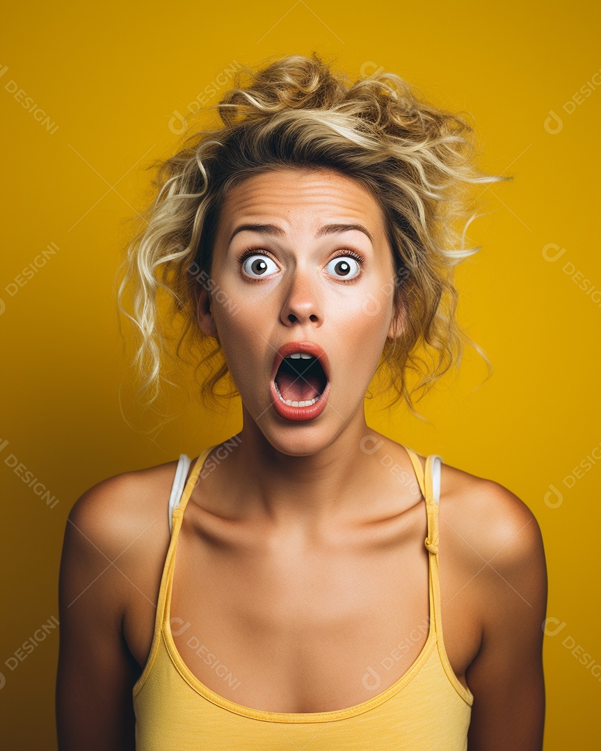 Uma mulher branca fazendo uma expressão chocada em um fundo bronzeado