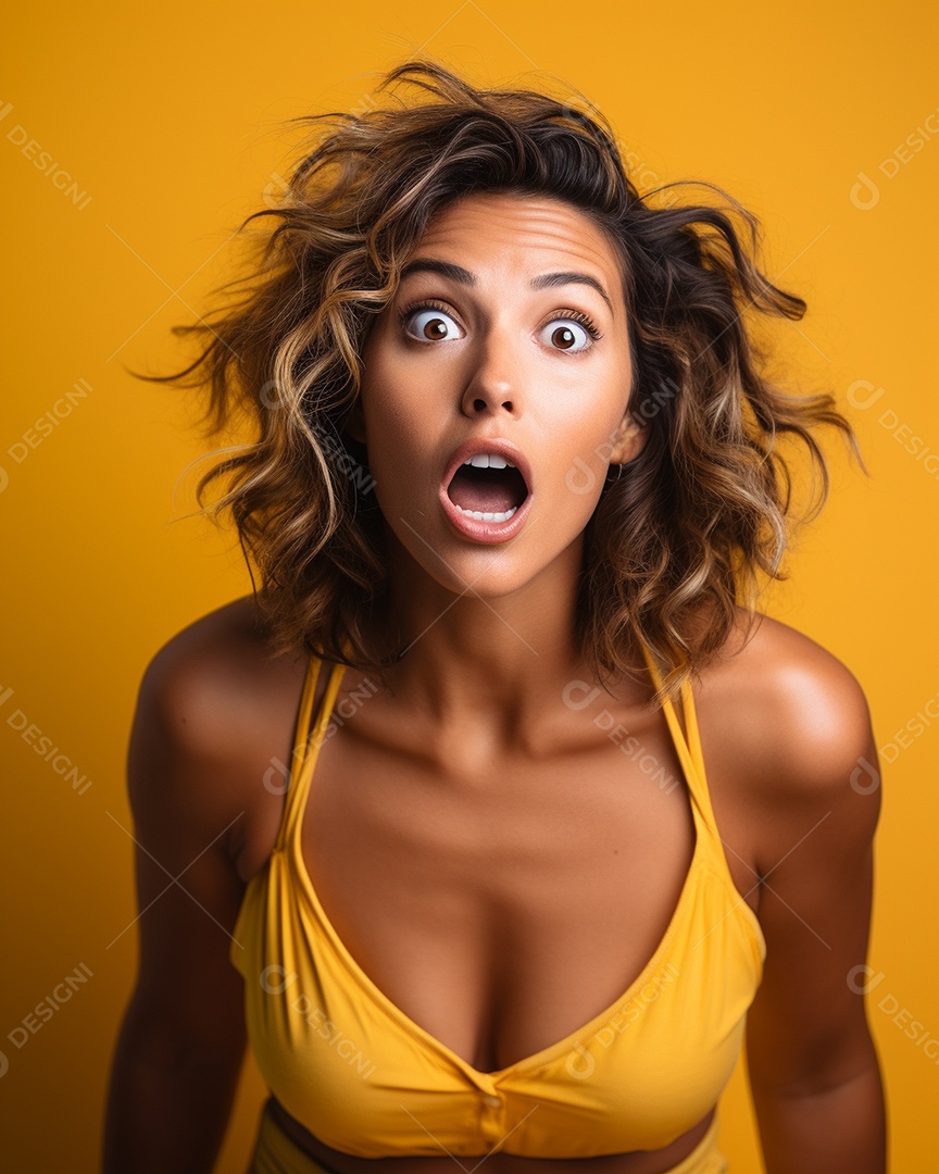 Uma mulher branca fazendo uma expressão chocada em um fundo bronzeado