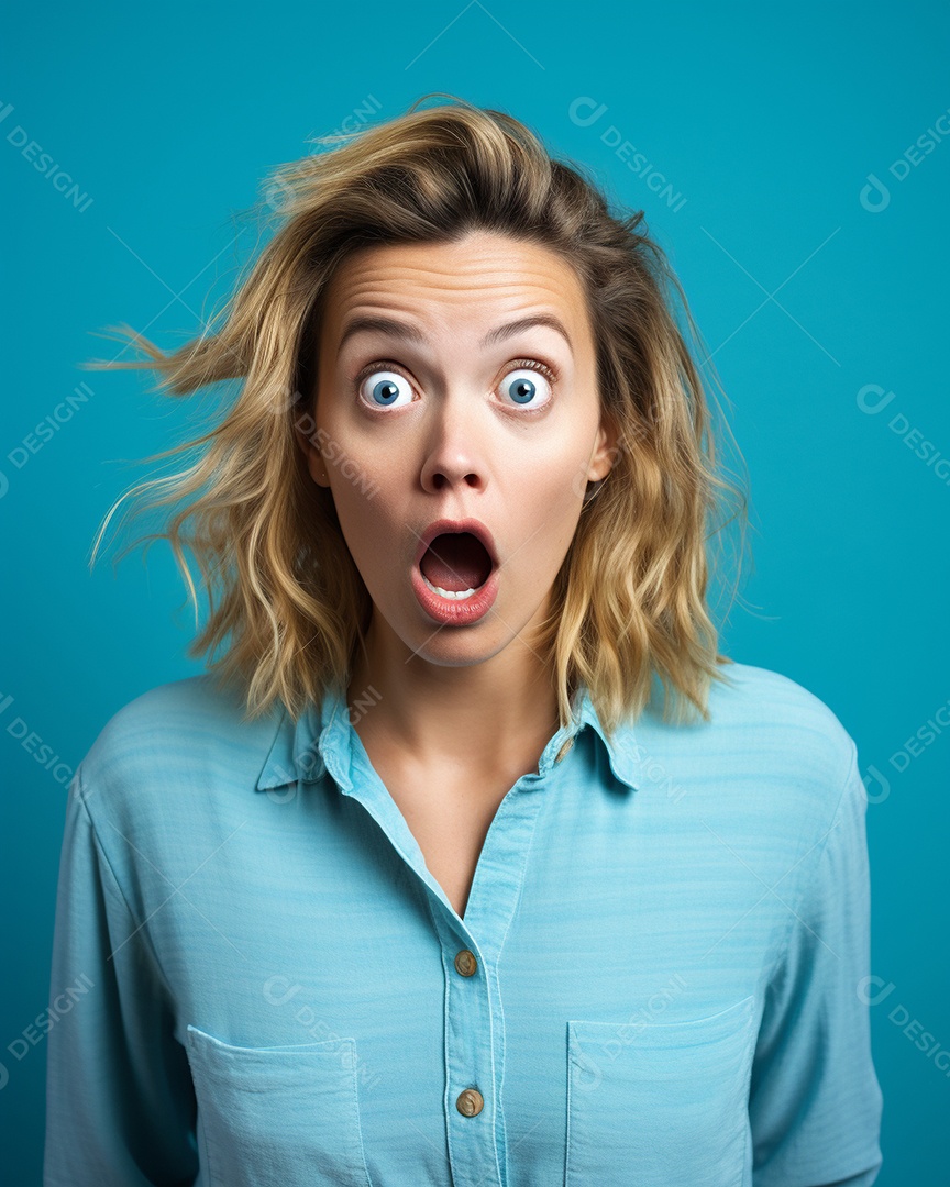 Uma mulher branca fazendo uma expressão chocada em um fundo bronzeado