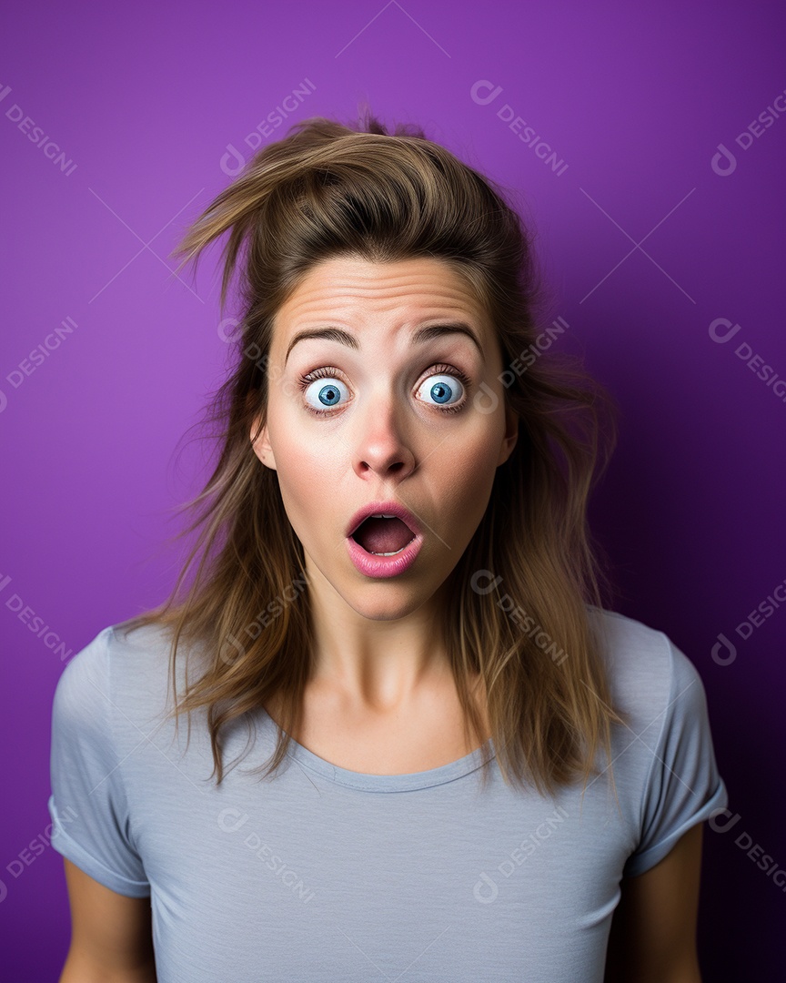 Uma mulher branca fazendo uma expressão chocada em um fundo bronzeado