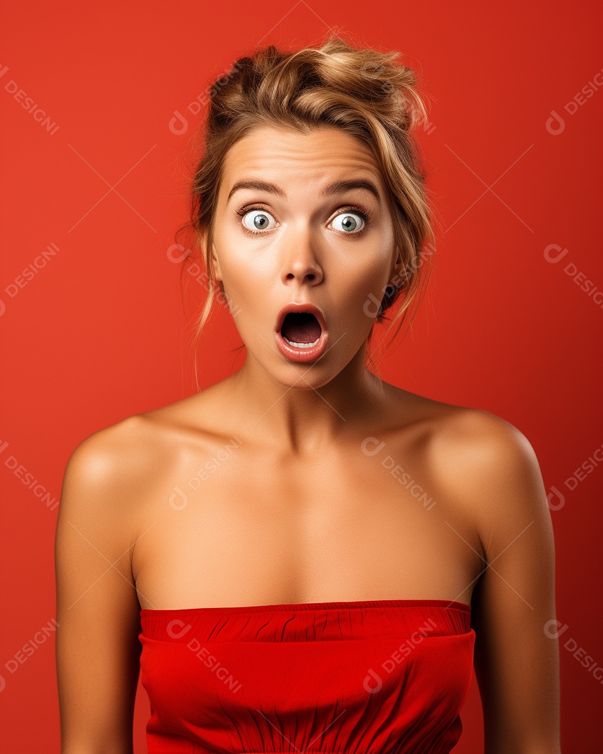 Uma mulher branca fazendo uma expressão chocada em um fundo bronzeado