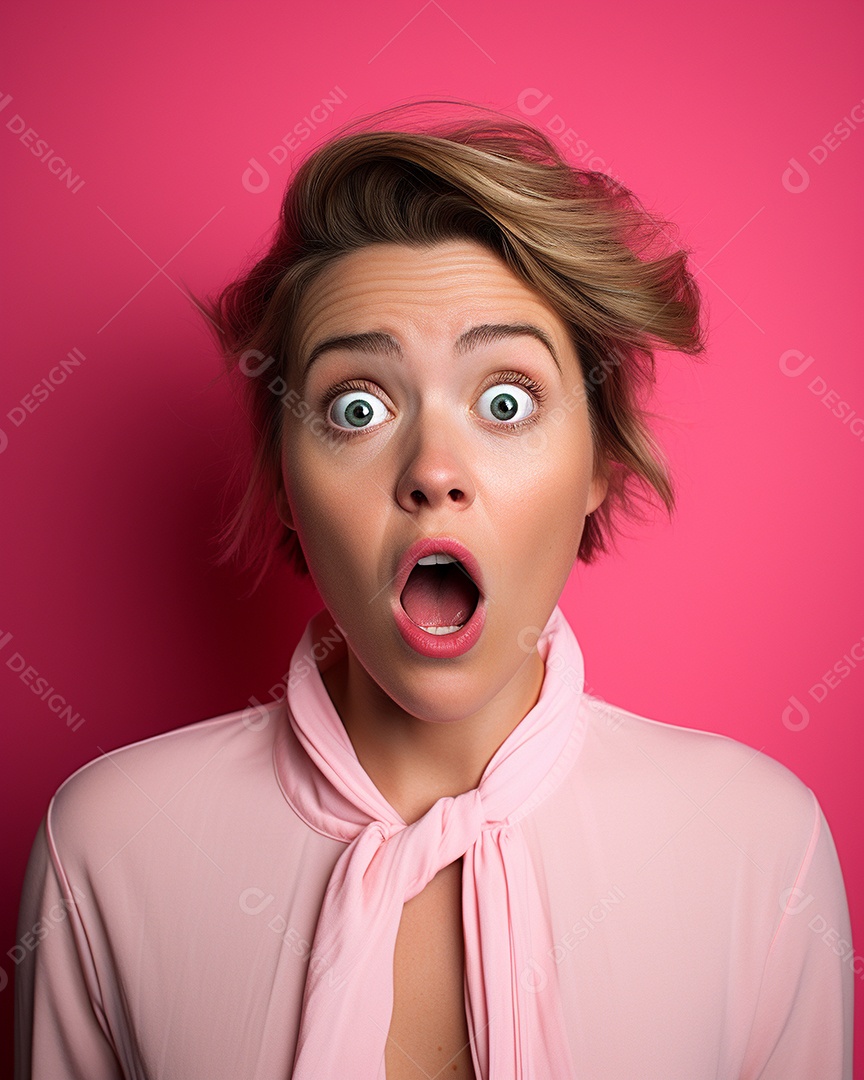 Uma mulher branca fazendo uma expressão chocada em um fundo bronzeado