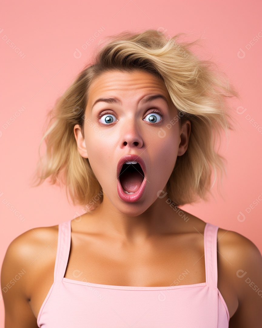 Uma mulher branca fazendo uma expressão chocada em um fundo bronzeado