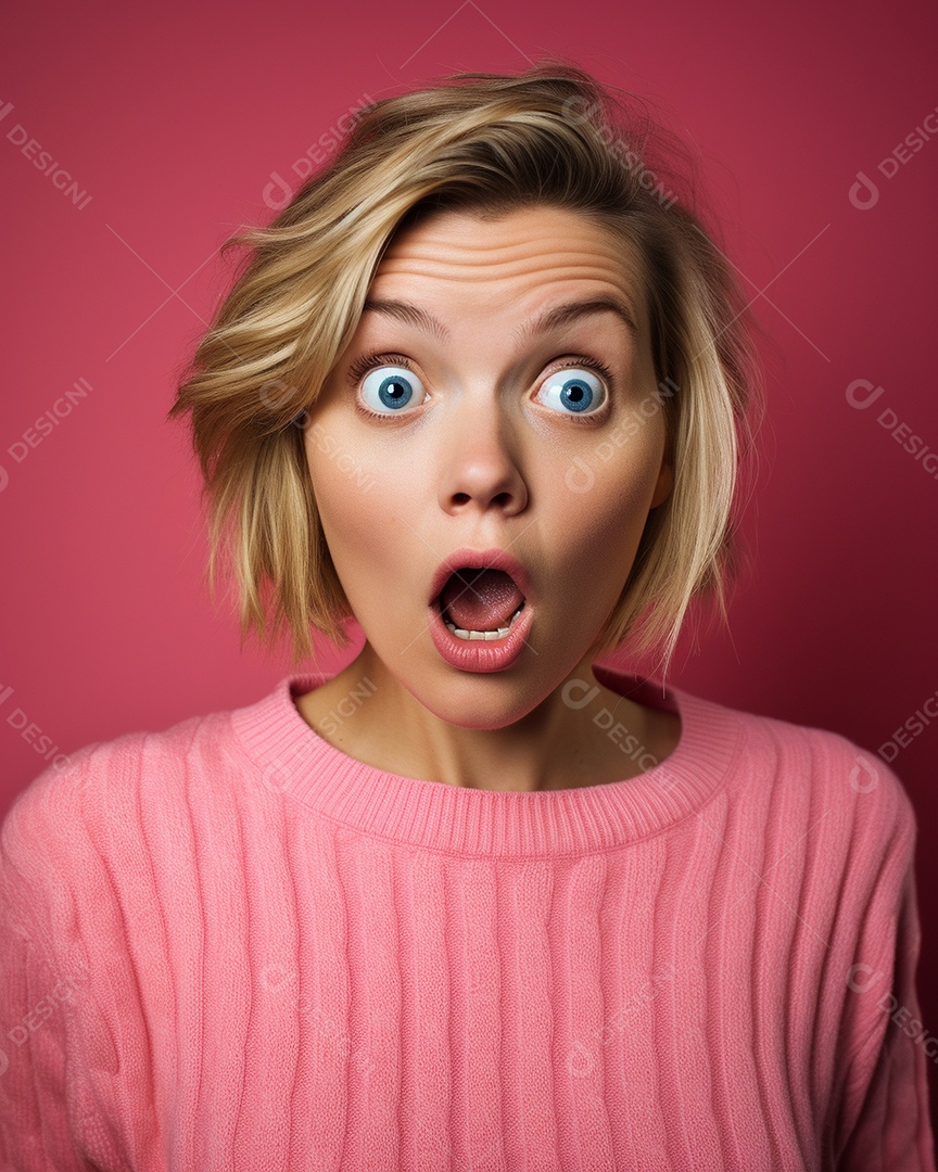 Uma mulher branca fazendo uma expressão chocada em um fundo bronzeado