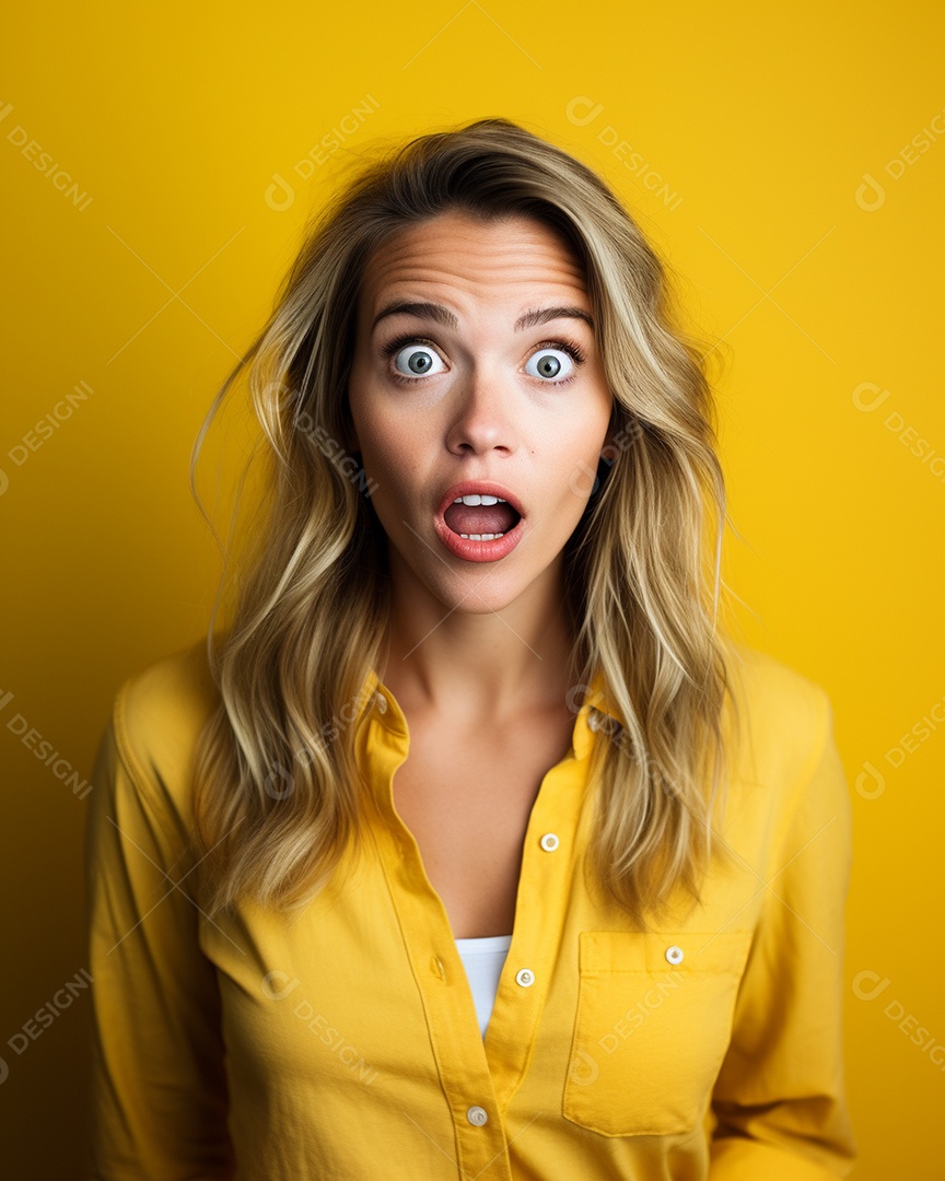 Uma mulher branca fazendo uma expressão chocada em um fundo bronzeado