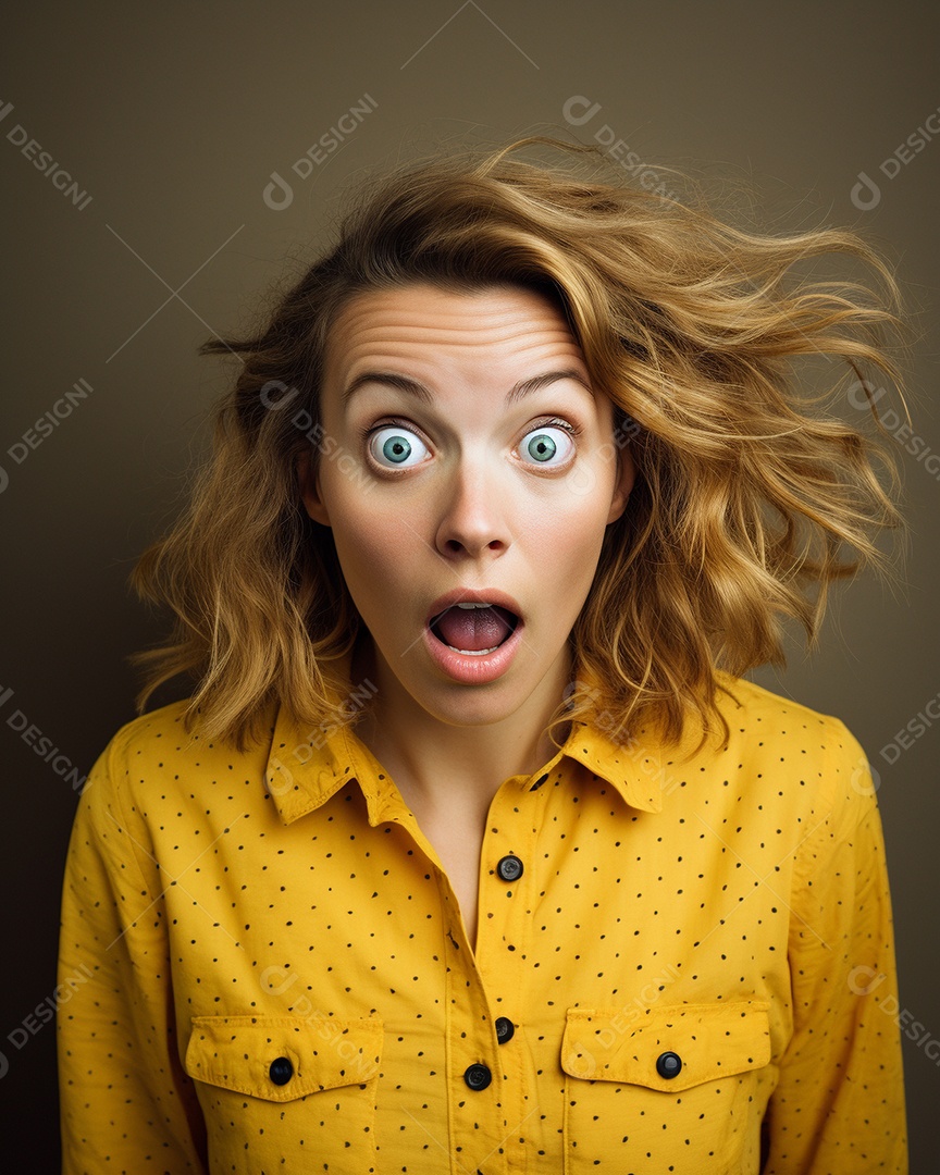 Uma mulher branca fazendo uma expressão chocada em um fundo bronzeado