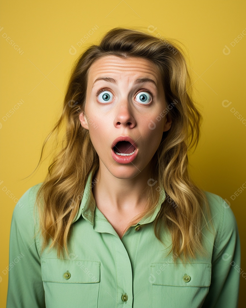 Uma mulher branca fazendo uma expressão chocada em um fundo bronzeado