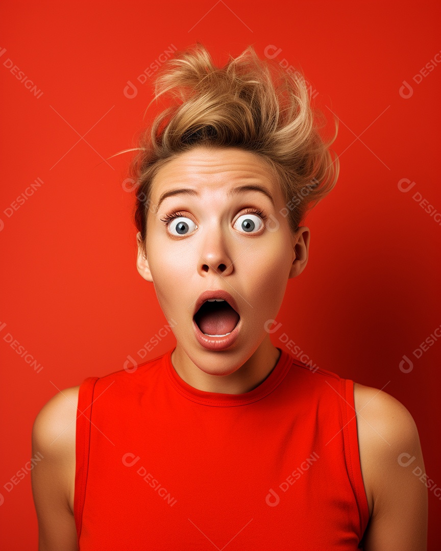 Uma mulher branca fazendo uma expressão chocada em um fundo bronzeado