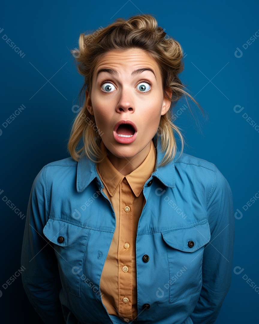 Uma mulher branca fazendo uma expressão chocada em um fundo bronzeado