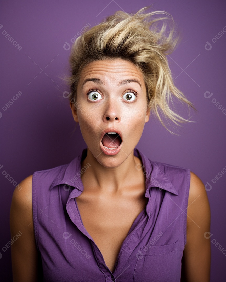 Uma mulher branca fazendo uma expressão chocada em um fundo bronzeado