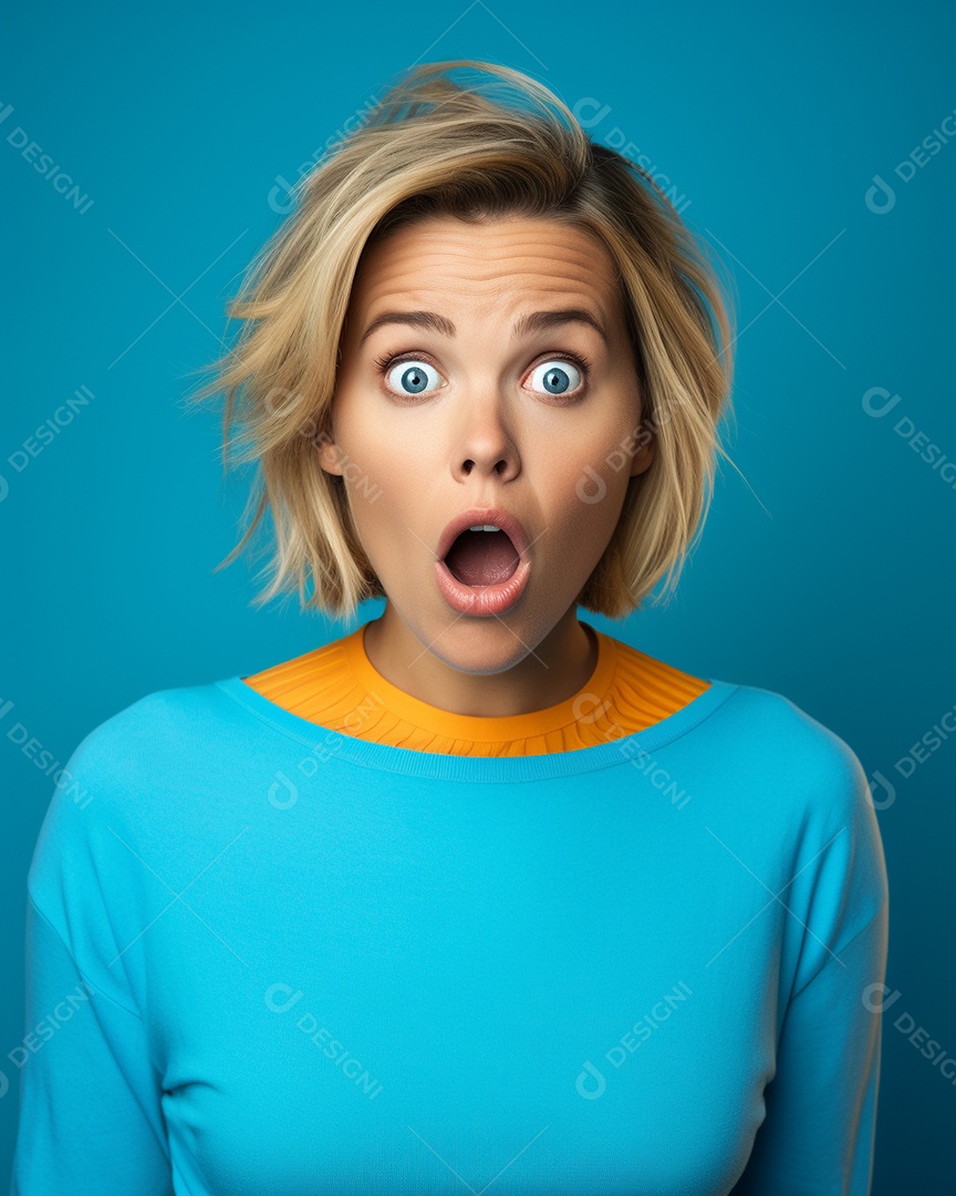 Uma mulher branca fazendo uma expressão chocada em um fundo bronzeado