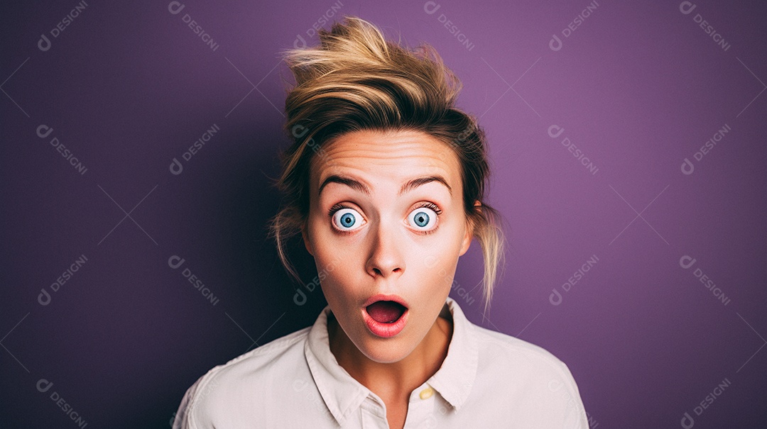 Uma mulher branca fazendo uma expressão chocada em um fundo bronzeado