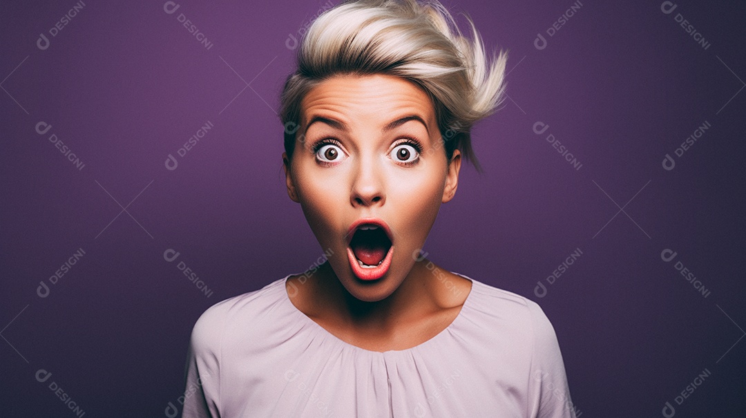 Uma mulher branca fazendo uma expressão chocada em um fundo bronzeado