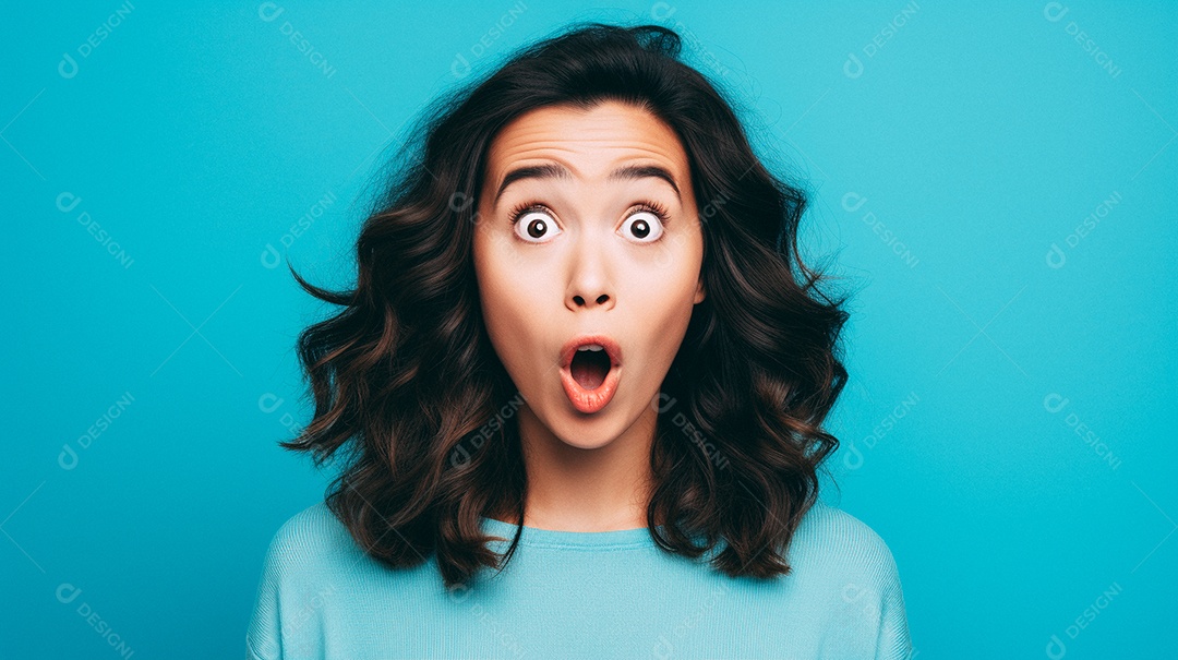 Uma mulher branca fazendo uma expressão chocada em um fundo bronzeado