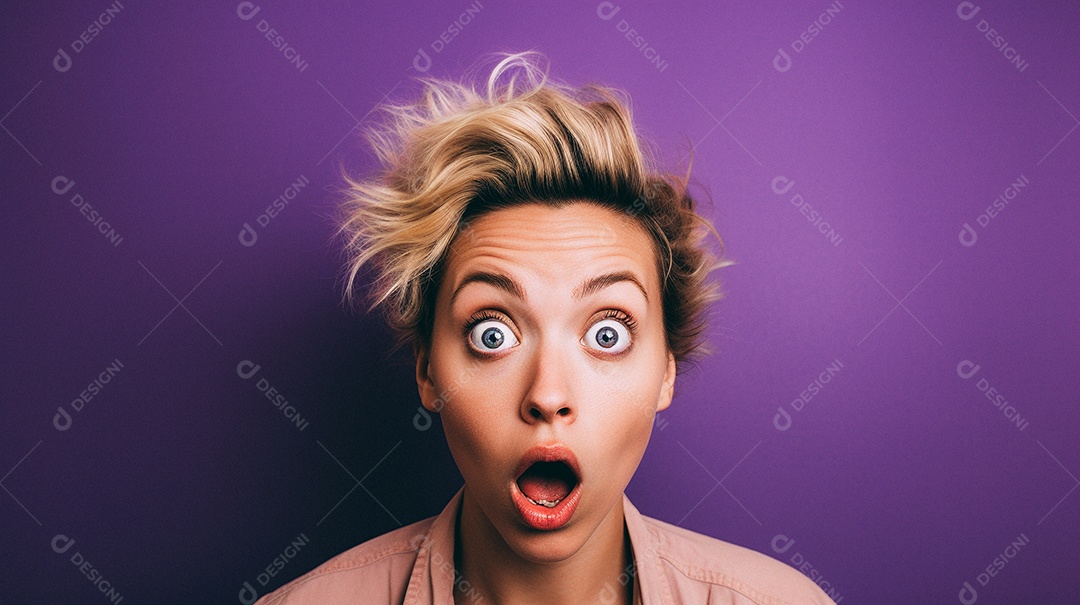 Uma mulher branca fazendo uma expressão chocada em um fundo bronzeado