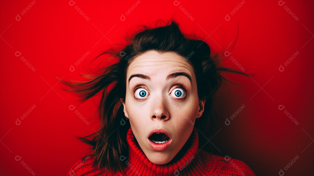 Uma mulher branca fazendo uma expressão chocada em um fundo bronzeado