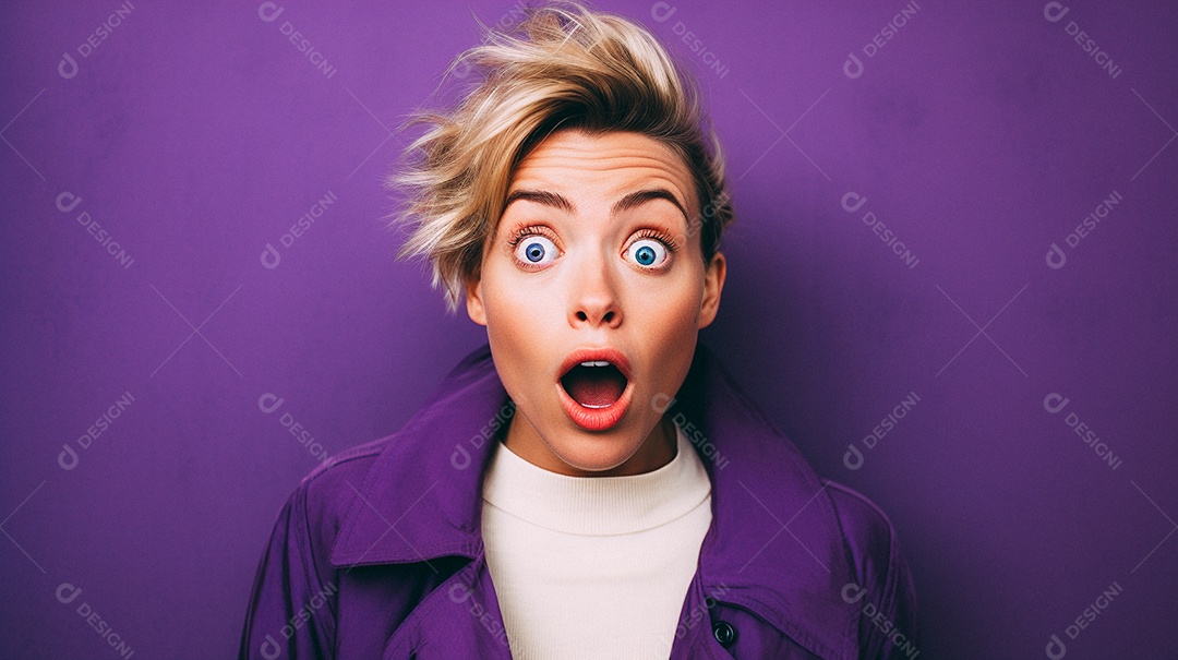 Uma mulher branca fazendo uma expressão chocada em um fundo bronzeado