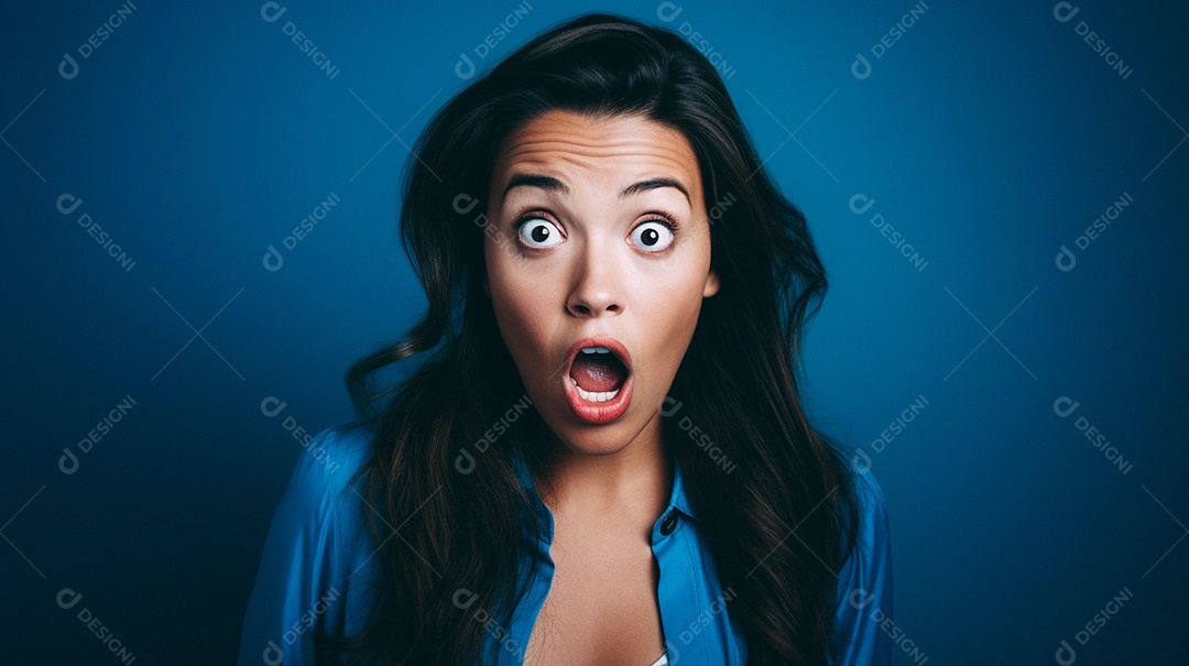 Mulher branca fazendo um olhar chocado em fundo bronzeado