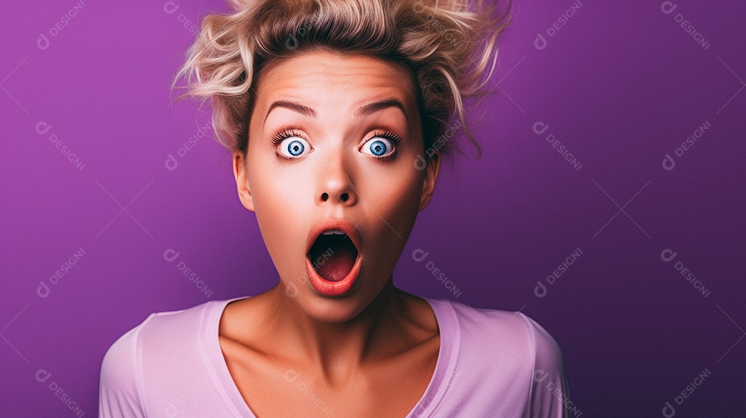 Mulher branca fazendo um olhar chocado em fundo bronzeado