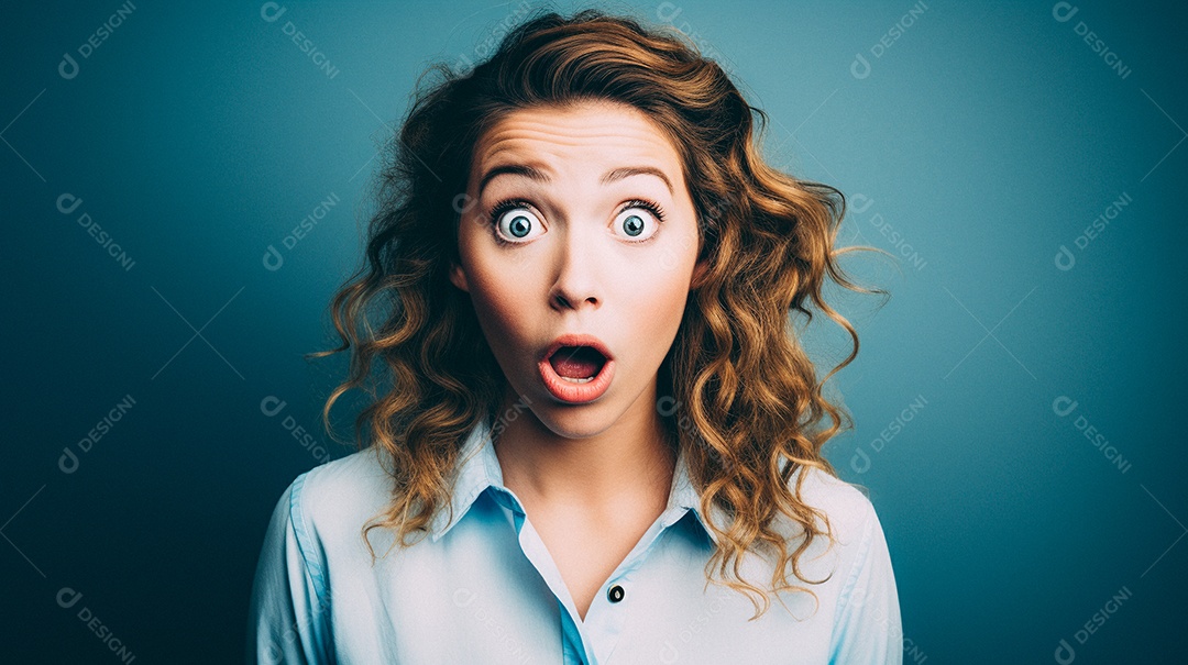 Mulher branca fazendo um olhar chocado em fundo bronzeado