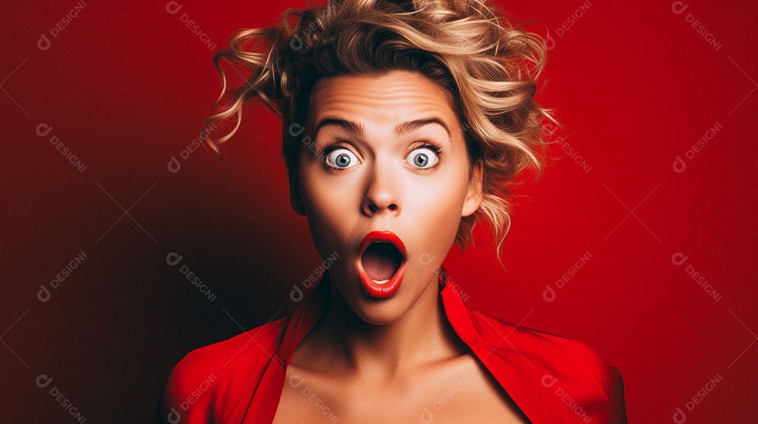 Mulher branca fazendo um olhar chocado em fundo bronzeado