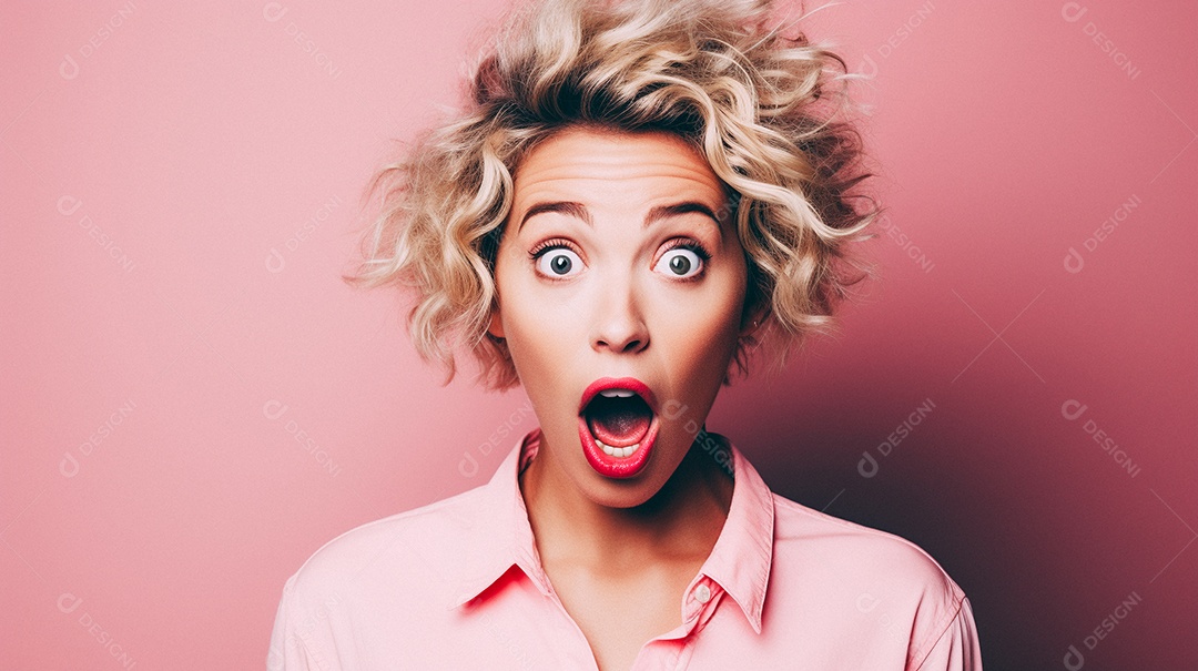 Mulher branca fazendo um olhar chocado em fundo bronzeado