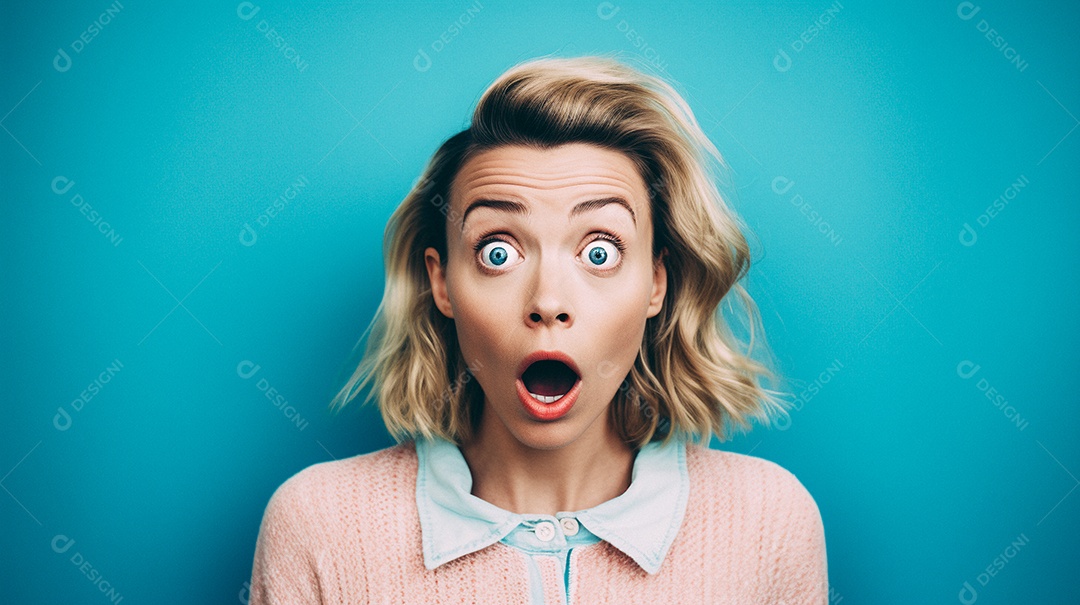 Mulher branca fazendo um olhar chocado em fundo bronzeado