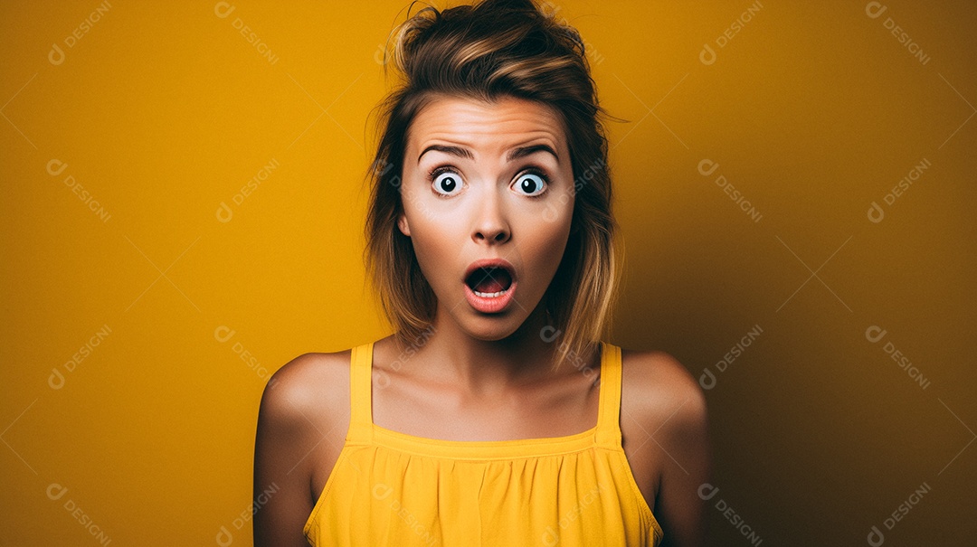 Mulher branca fazendo um olhar chocado em fundo bronzeado