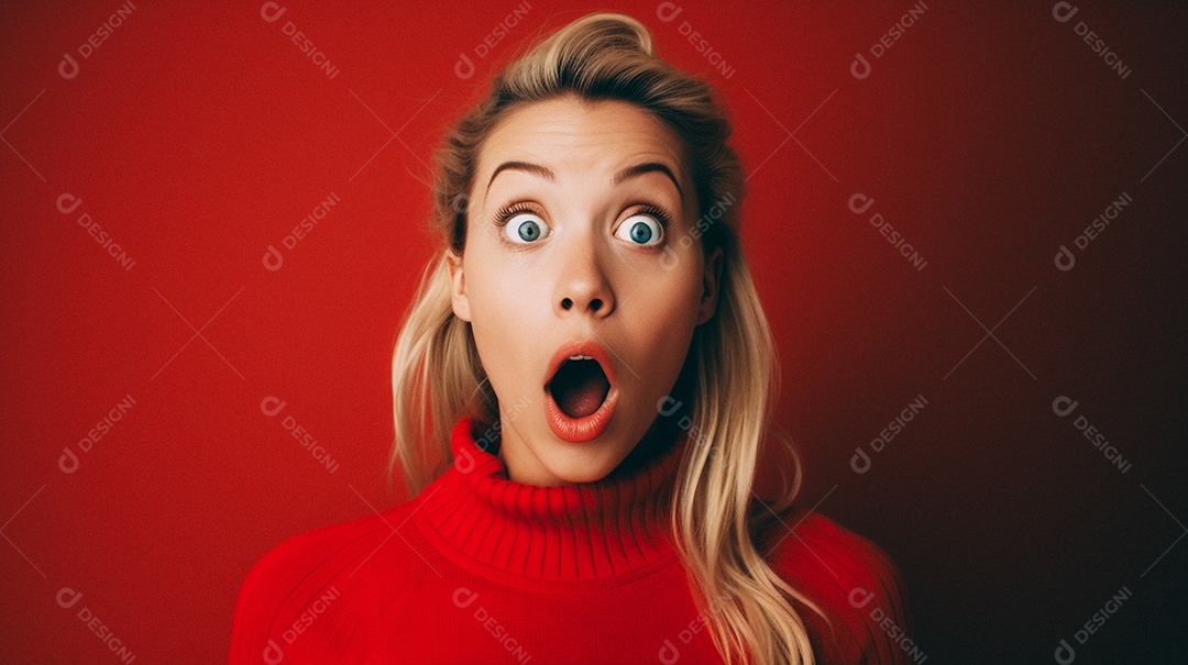 Mulher branca fazendo um olhar chocado em fundo bronzeado