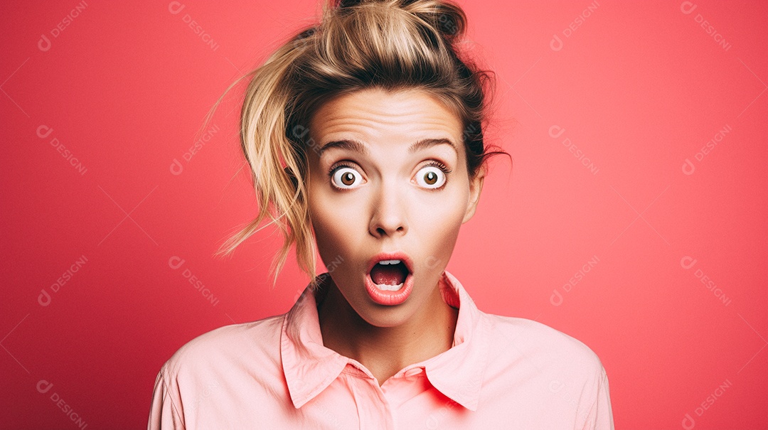 Mulher branca fazendo um olhar chocado em fundo bronzeado