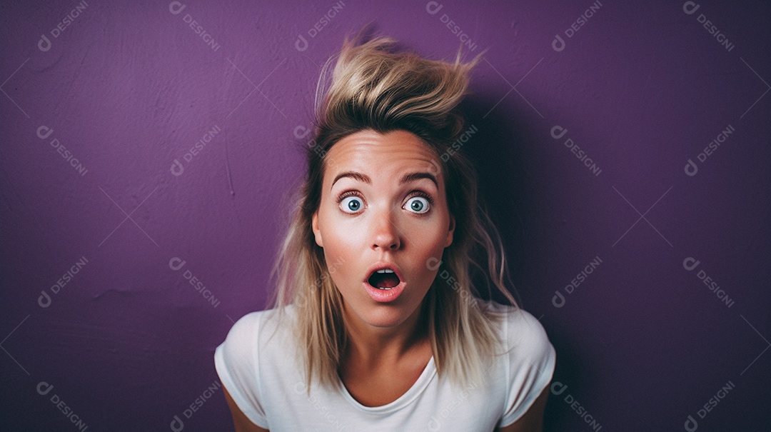 Mulher branca fazendo um olhar chocado em fundo bronzeado