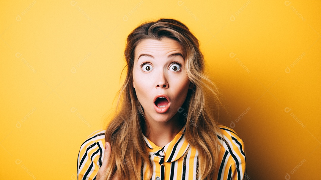 Mulher branca fazendo um olhar chocado em fundo bronzeado