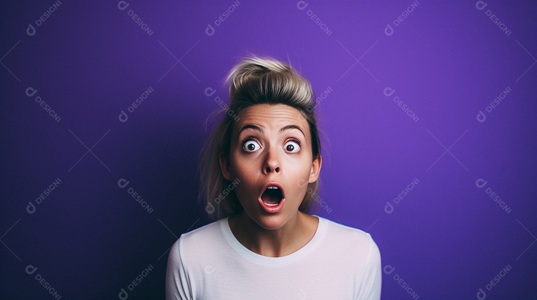 Mulher branca fazendo um olhar chocado em fundo bronzeado