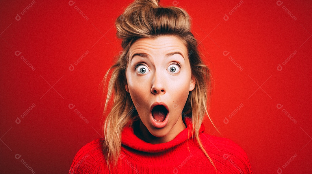 Mulher branca fazendo um olhar chocado em fundo bronzeado