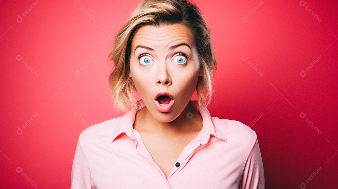 Mulher branca fazendo um olhar chocado em fundo bronzeado