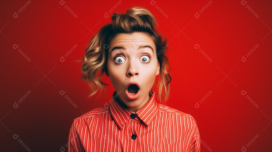 Mulher branca fazendo um olhar chocado em fundo bronzeado