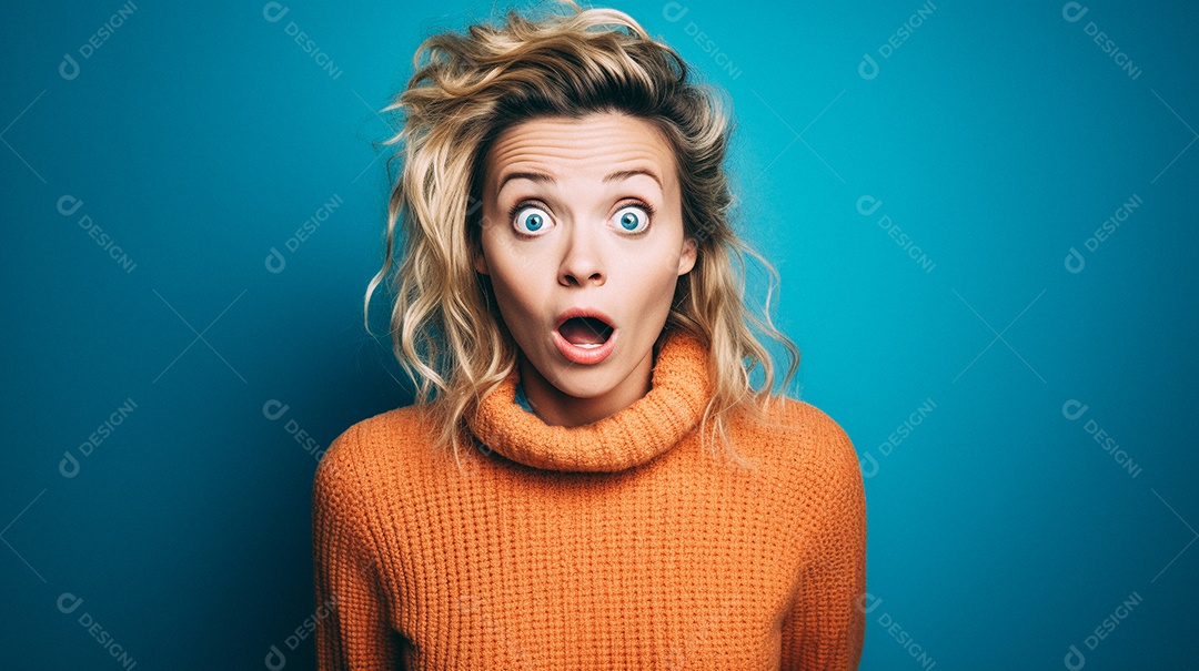 Mulher branca fazendo um olhar chocado em fundo bronzeado