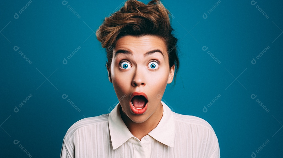 Mulher branca fazendo um olhar chocado em fundo bronzeado