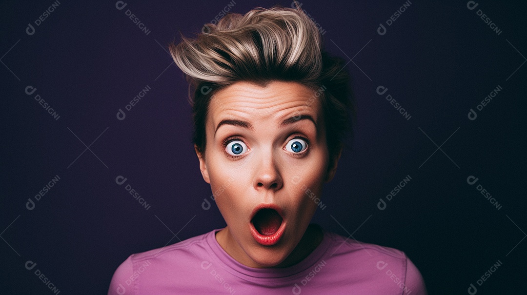 Mulher branca fazendo um olhar chocado em fundo bronzeado