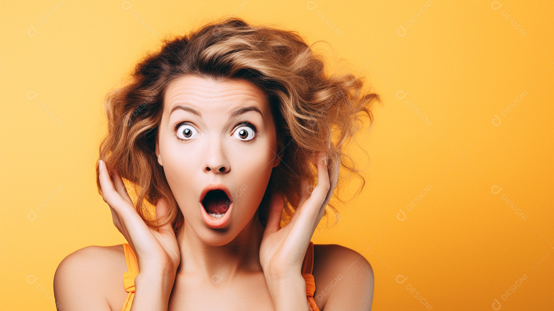 Mulher negra fazendo um olhar chocado em fundo colorido