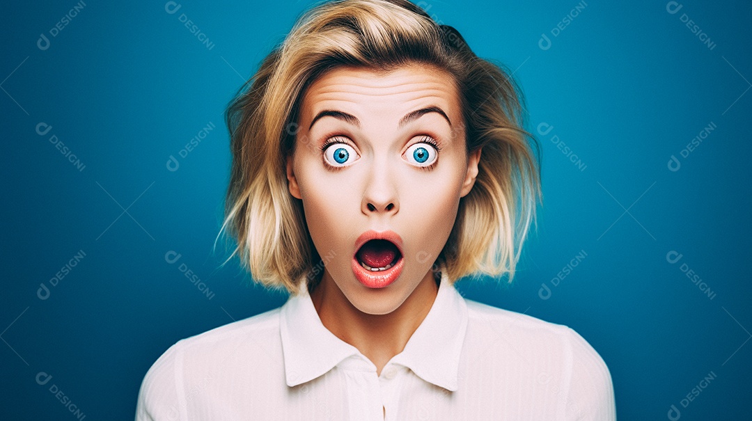 Mulher negra fazendo um olhar chocado em fundo colorido