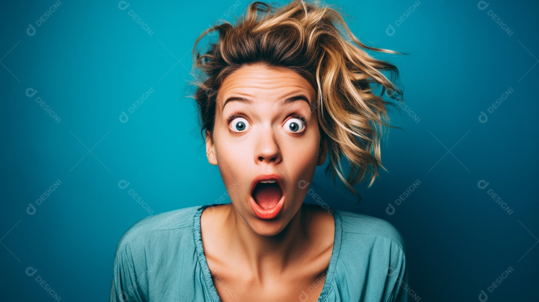 Mulher negra fazendo um olhar chocado em fundo colorido