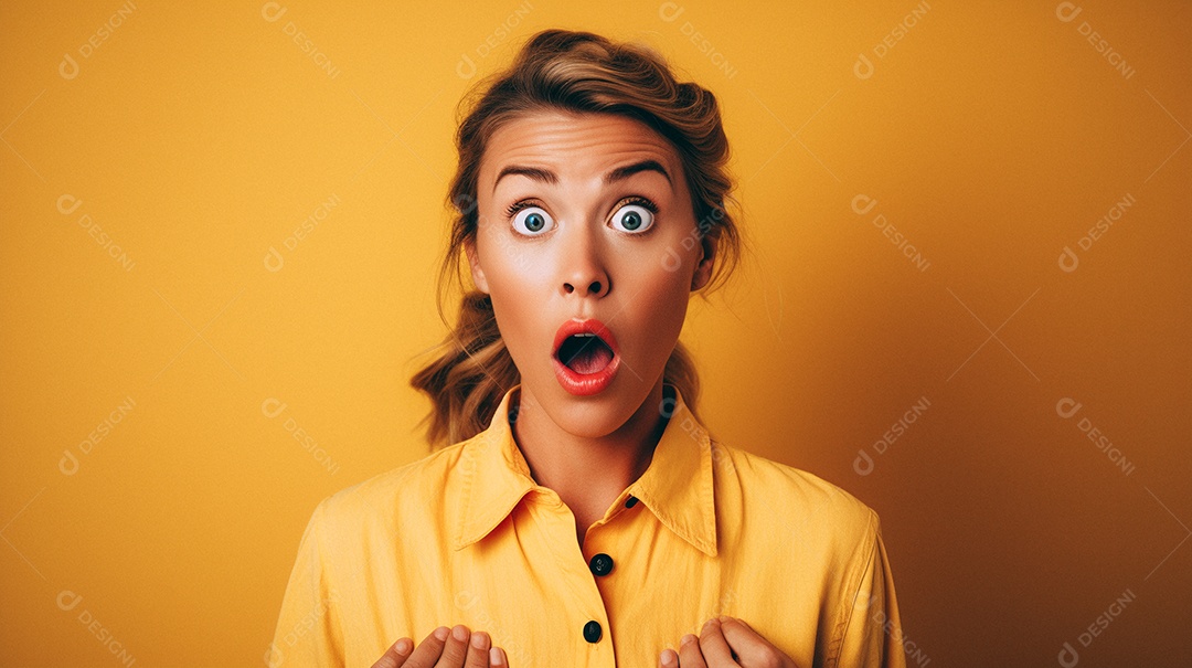 Mulher negra fazendo um olhar chocado em fundo colorido