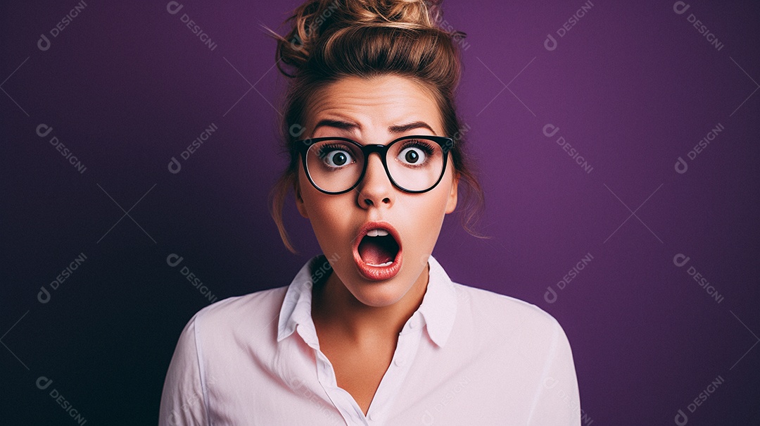 Mulher negra fazendo um olhar chocado em fundo colorido